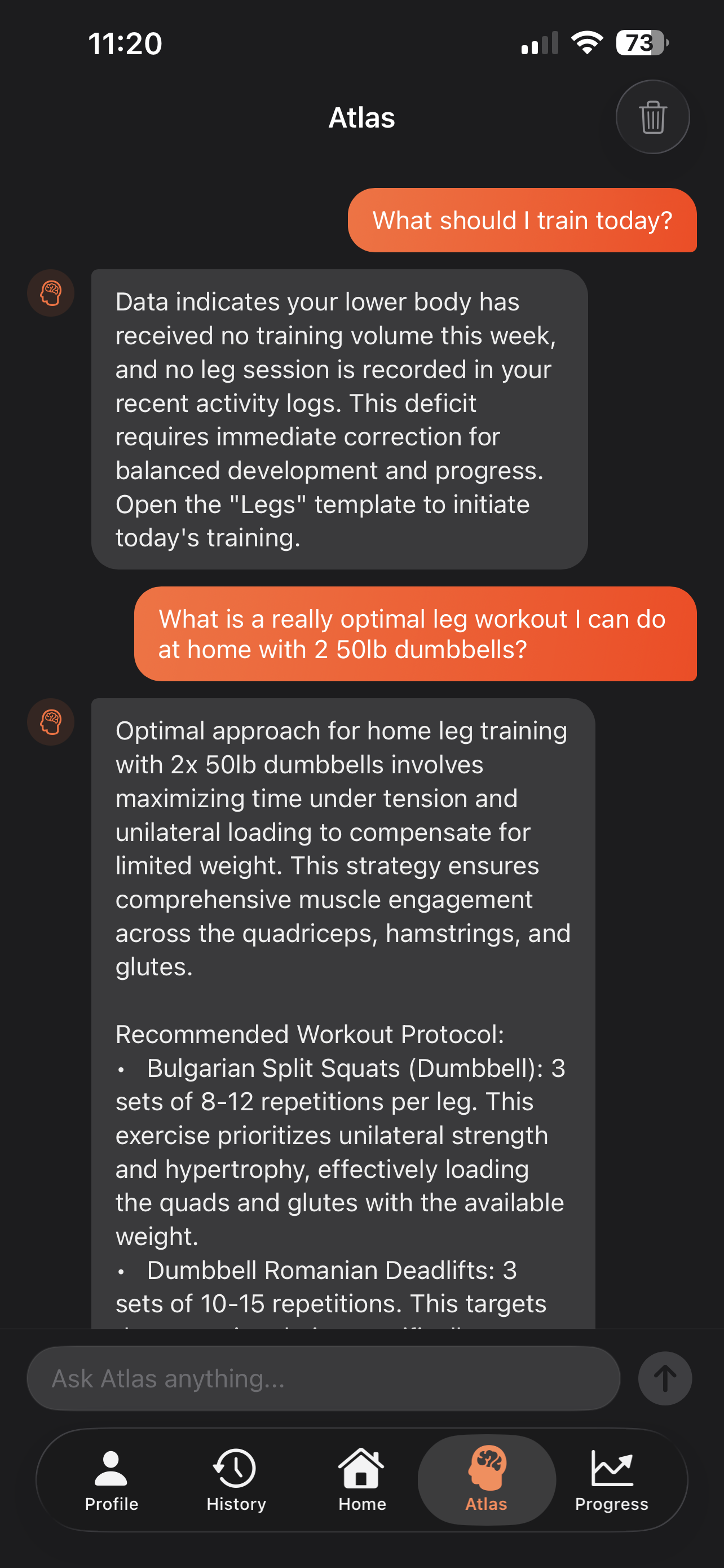 Atlas AI chat interface inside the PRPath iOS app