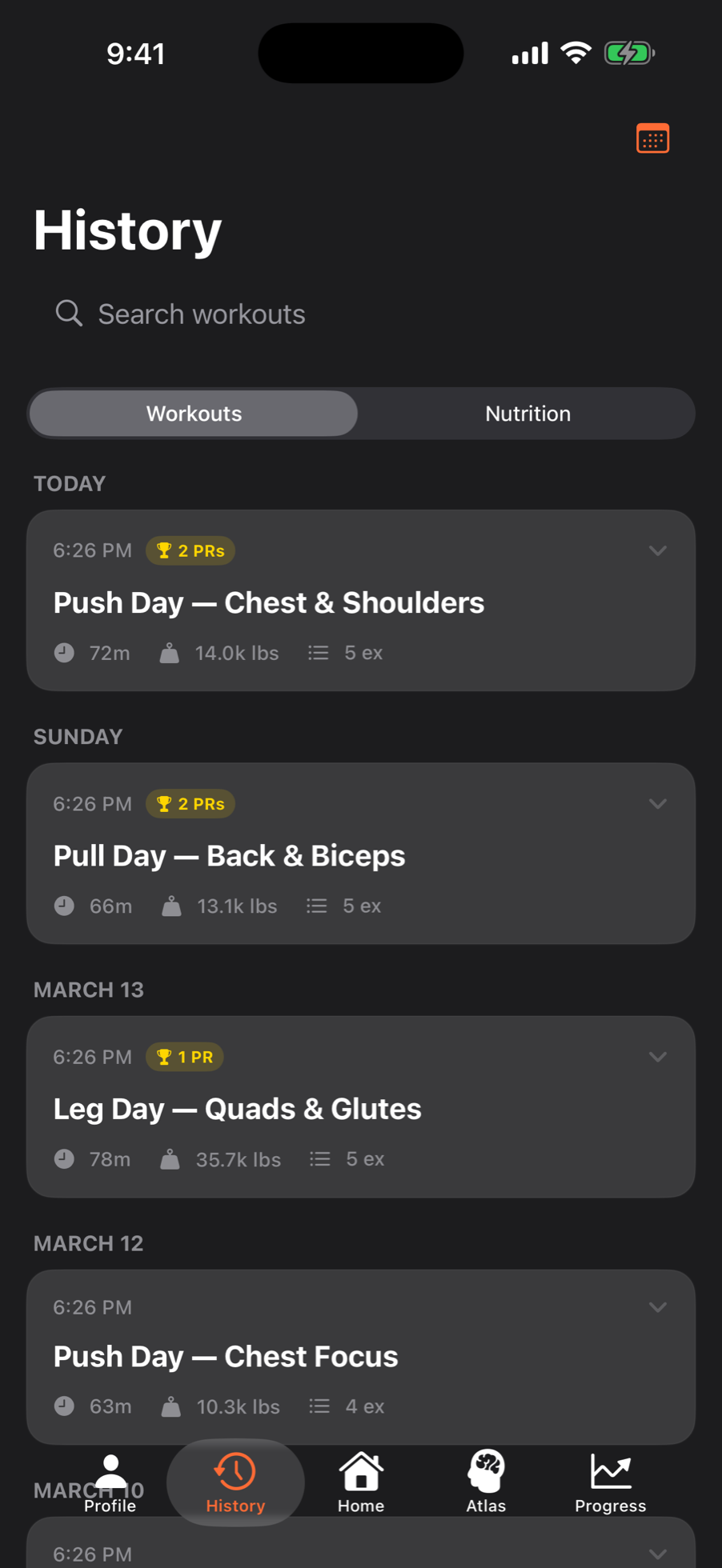 PRPath workout history showing past training sessions with Push, Pull, and Leg days