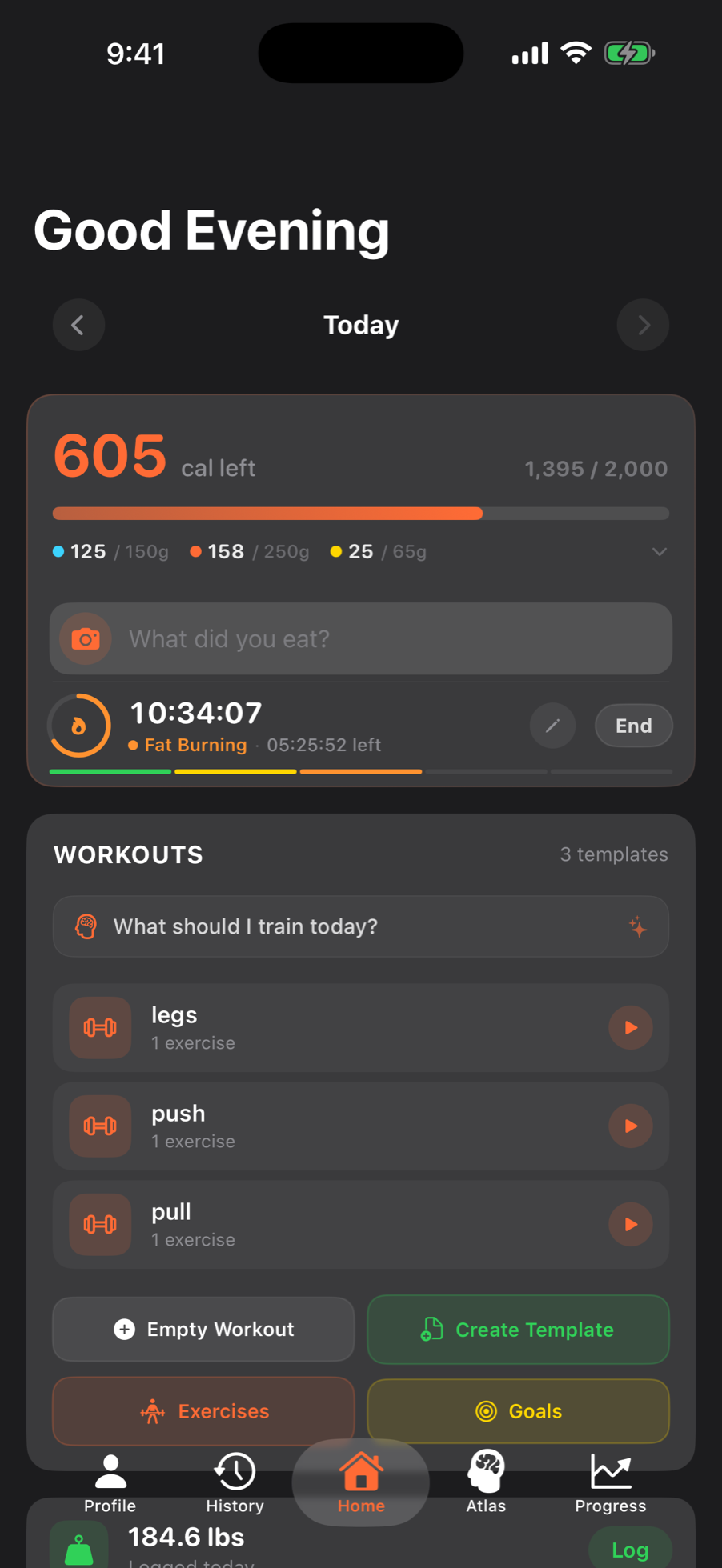 PRPath home screen showing active fasting timer, calorie tracking with macro breakdown, and workout templates